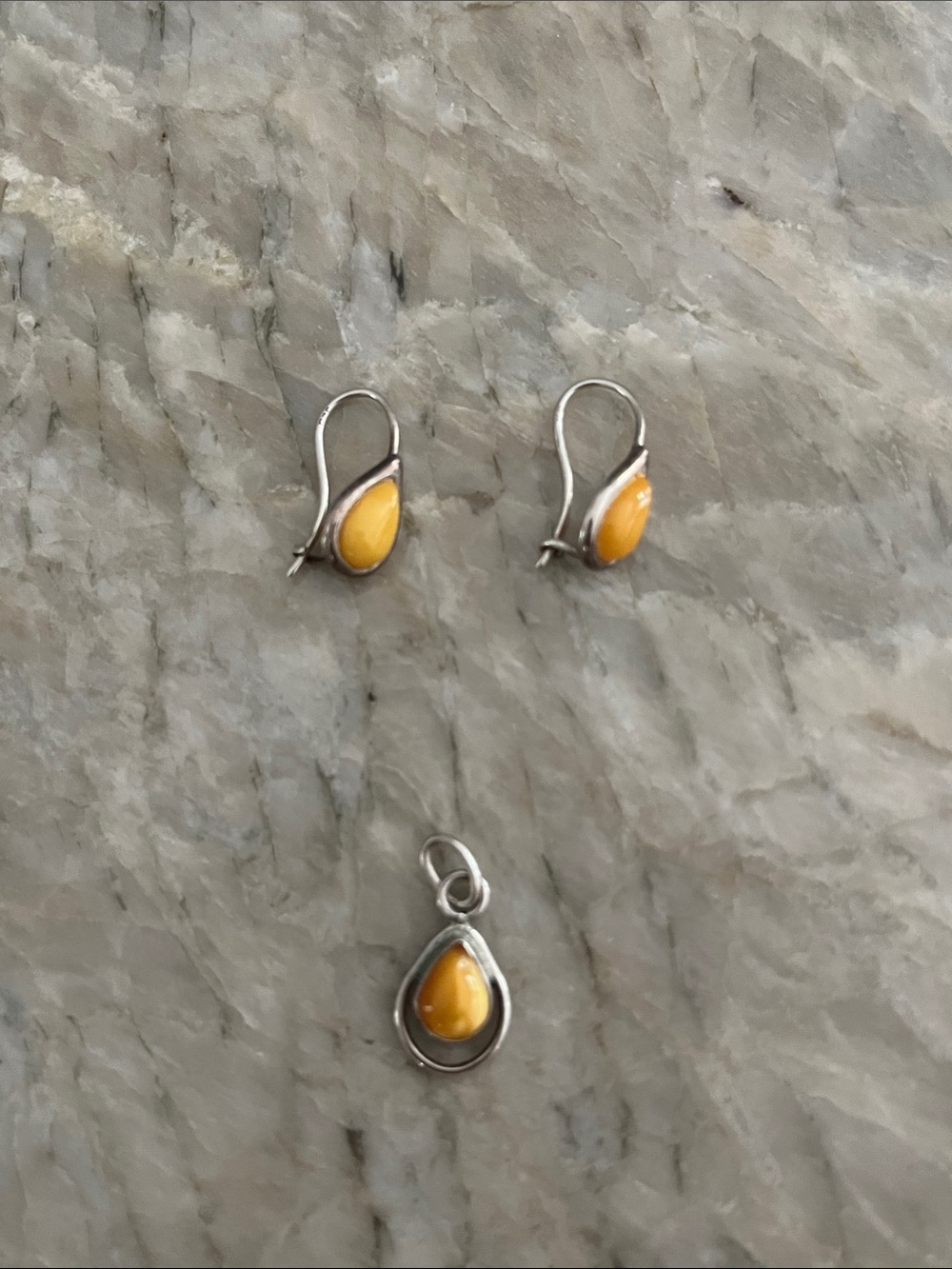 Sterling Silver and Butter Jade Teardrop Earrings and Pendant Set